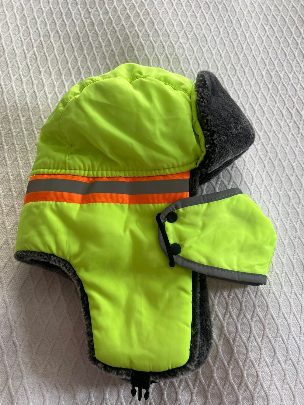 Style & Co. High-Visibility Trapper Hat in Neon Yellow with Orange & Gray Stripe